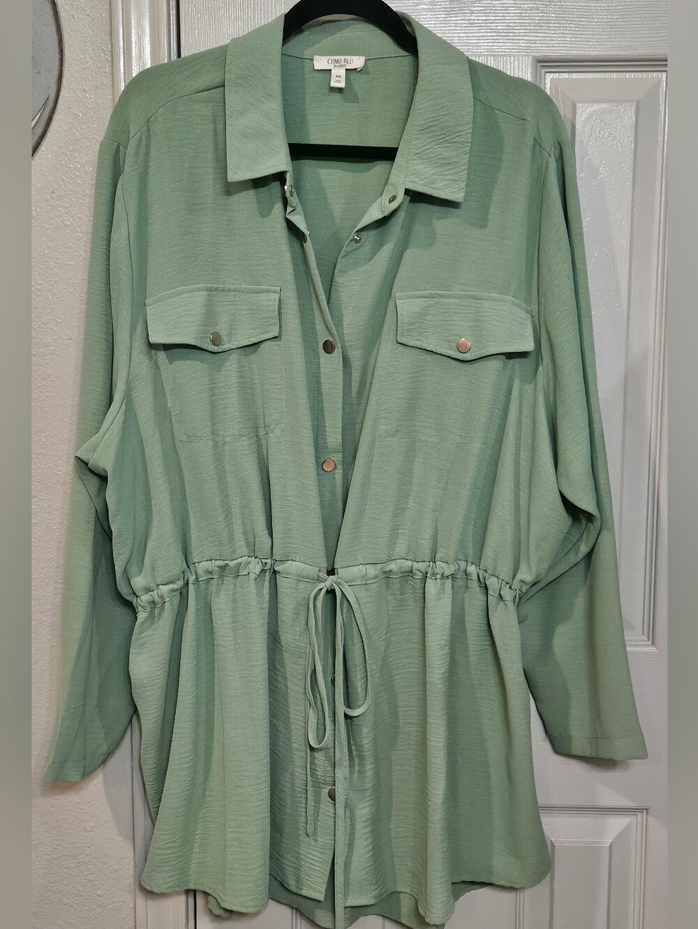 Drawstring Button-Down Shirt Jacket in Sage Green